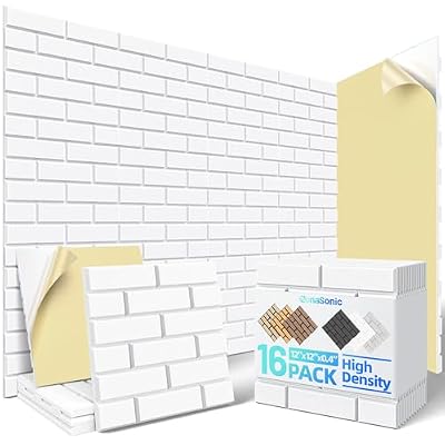 16 Pack Brick Acoustic Panels with Self-Adhesive, 12" X 12" X 0.4" Sound Proof Foam Panels for Walls, High Density Soundproof Wall Panels, Sound Dampening Panels for Home Studio Decor Office - White