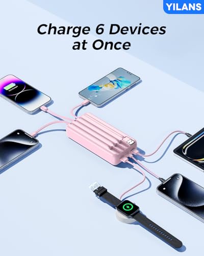 Image of Portable Charger,50000mAh Power Bank Built-in Cable, 22.5W PD USB C In & Out Fast Charging, External Battery Pack with 6 Output & 2 Input, Travel Phone Charger for iPhone 17 /16 /15 /14 /13 /12(Rosy)