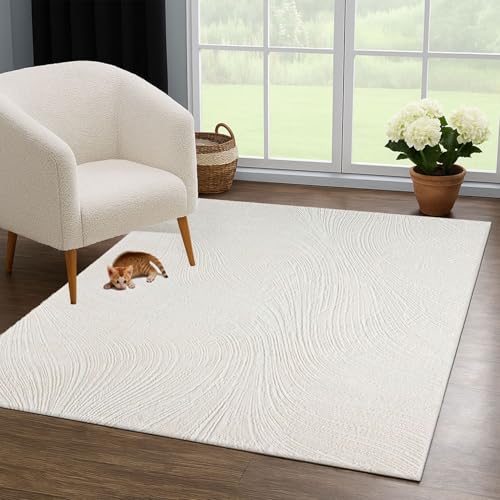 VIMODA Teppich Wohnzimmer Teppich Schlafzimmer, Flur, küche Kurzflor Boho Design Unifarbe Hoch-Tief-Effekt Modern 3D Weich,Farbe:Creme;Maße:80x150 cm