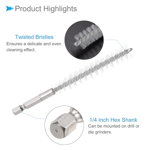 Image of Bore Brush, 12mm Dia 75mm Length, Nylon Twisted Cleaning Wire Brushes with 1 /4 inch Hex Shank - (Applications: for Power Drill)