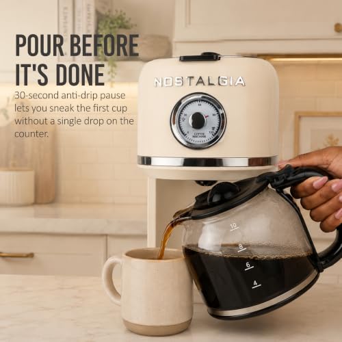 Image of Nostalgia Classic Retro 10 Cup Coffee Maker - One-Touch Drip Brew, Reusable Filter - Anti-Drip, Auto Shutoff, & Time Display - Dishwasher Safe 50 oz Carafe - Cream