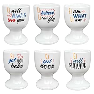 MIJOMA Set van 6 eierdopjes eierhouder eierstaander wit met gevierde songs decor, van keramiek elk 6,5 x 5 cm