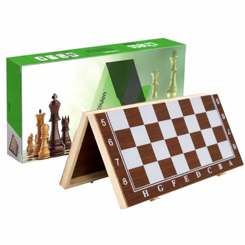 Image of 12 Inches Wooden Handmade Foldable Chess Board Set with Pieces and Queens for 2 Players for Kids and Adults (12x12 Inches, Brown)