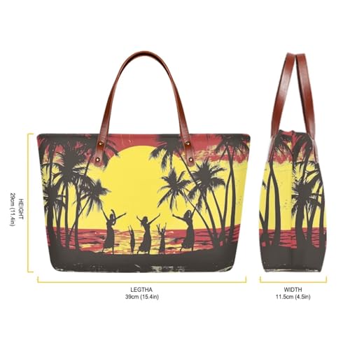 Image of Palm Tree Shoulder Tote for Women, Sunset Large Purse Set with Matching Make Up Bag, Satchel Hobo Bag for Travel, Working