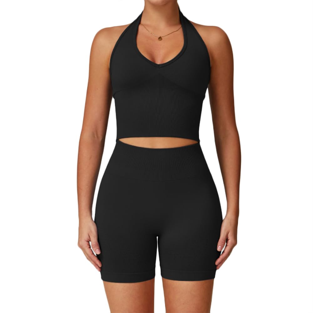 JPXJGT Gym Clothing Deep V Halter Neck Seamless Yoga Tank Top Tight Sports Shorts Casual Sets for Running(Size:M,Color:Black)