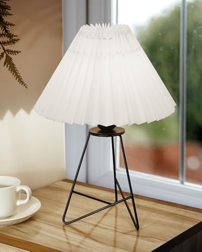Homesake® Retro Matt Black Down to the Wire Metal Table Lamp with Fabric Shade, Bedside Lamp Gift Housewarming Home Living Room, Shade (Pleated White)
