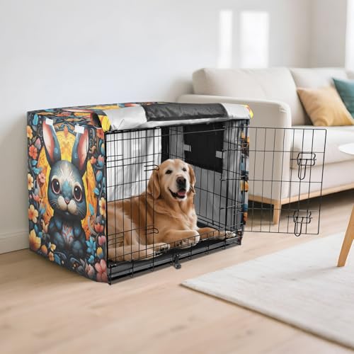 Housse imperméable cage chien chat motif lapin fleur jaune bleu protection extérieur