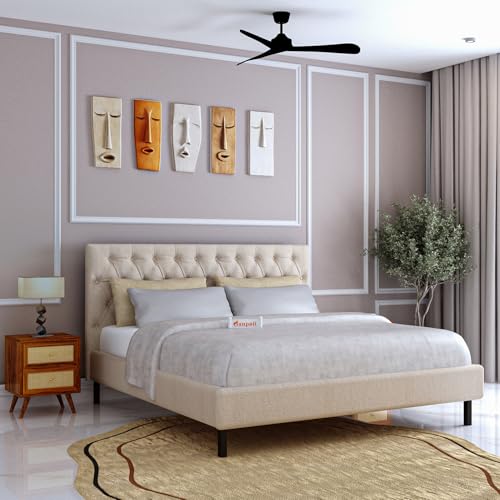 Image of Ganpati Arts Solid Sheesham Wood Fabrio Upholstered King Size Bed Without Storage and Tufted Headboard | Durable Wooden Double Bed Cot Palang for Bedroom, Hotels and Home Furniture (Seasame)
