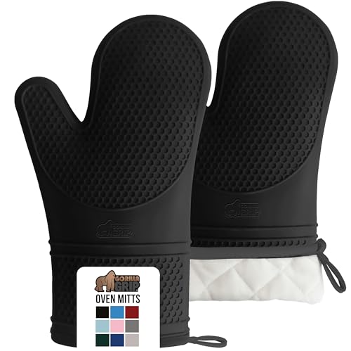 GORILLA GRIP BPA-Free Soft Silicone Oven Mitts, Heat Resistant and Waterproof Cooking Gloves, Thick Cotton Lining, Flexible Gripping for Baking Grilling, Kitchen Potholders Set of 2, 12.5x8.3, Black