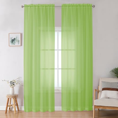 Image of OWENIE Lime Sheer Curtains for Bedroom Living Room 96 Inches Long 2 Panels Set, Soft Solid Light Filtering Clear Sheer Ceiling to Floor for Large Window, 2Pcs, Each 42 inch W x 96 inch L, Lime