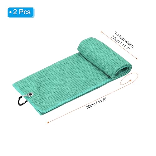 PATIKIL 12"x12" Tri-Fold Golf Towels, 2 Pack Waffle Pattern Towels Soft Fiber Strong Water Absorption with D Clip for Golf Lovers Green - Image 2