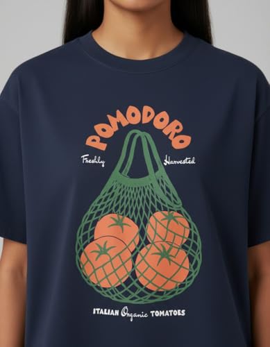 Image of Oversized Cotton T-Shirt for Women Half Sleeve Pomodoro Printed Tee - Breathable Loose Fit Asthetic Casual Wear for College and Daily Ou Outfits, Streetwear
