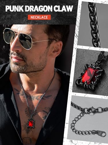 FaithHeart Gothic Dragon Claw Necklace for Men, Punk Biker Stainless Steel Amulet Pendant with Black/Red/Green/Blue Gemstone, Gift Box2