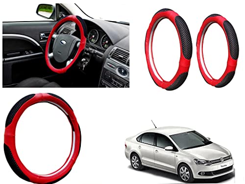 Image of Microfiber Car Steering Wheel Cover, Soft Padding Great Hand Feel, Anti-Slip, Faux Leather Steering Cover for Volkswagen Vento | Black Red Jali - Pack of 1