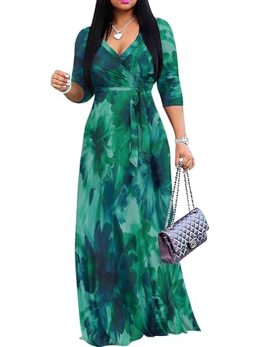 Image of Women's V Neck Floral Maxi Dress 3 /4 Sleeve Plus Size Boho Wrap Flowy Long Dresses with Belt