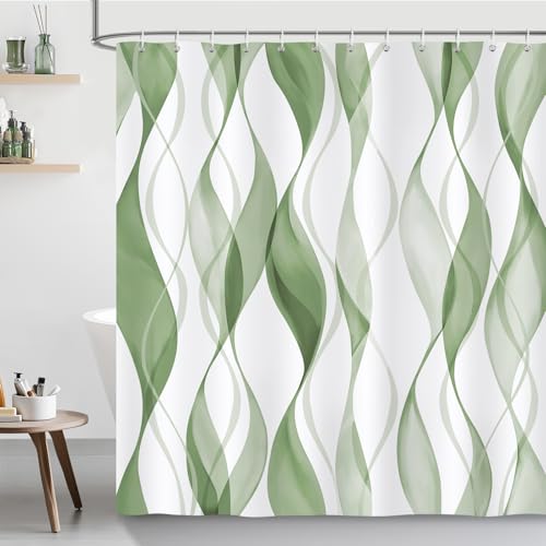 Bonhause Sage Green Striped Shower Curtain Modern Minimalist Bathroom Curtain 180 x 180 cm Waterproof Mildew and Mould Resistant Polyester Fabric Bath Curtain with 12 Hooks