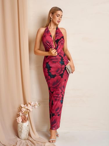 Image of KUTUMAI Women V Neck Long Formal Dress Floral Bodycon Maxi Split Back Dresses Sexy Sequin Evening Cocktail Party Gown