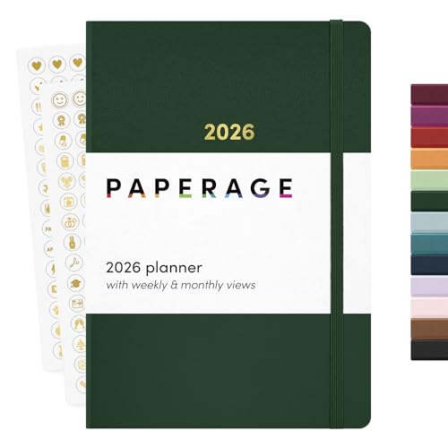 PAPERAGE 2026 Weekly & Monthly Planner, 12 Months (January 2026 – December 2026), 5.6 in x 8 in, Hardcover 2026 Planner with Weekly & Monthly Spreads, Note Pages, Stickers & Back Pocket – Dark Green