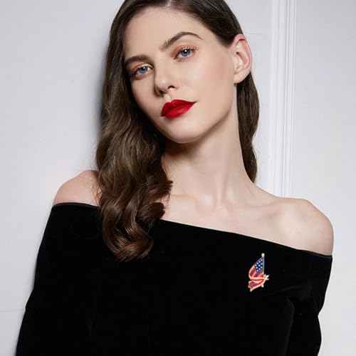 Image of Patriotic USA Flag Brooch Pin for Women Fashion Crystal Blue Red Independence Memorial Day Lapel Pin 4th of July Dress Accessories