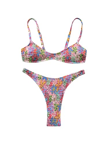 RoseSeek Women's 2 Piece Ditsy Floral Swimsuit Smocked High Cut Thong Bikini Sets Multicolor Large