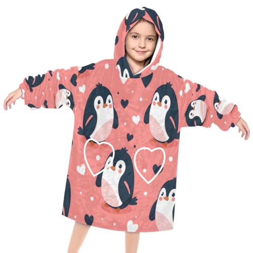 Wearable Blanket Hoodie for Kids, Cute Penguins Fleece Sweatshirt Blanket Oversized Blanket Sweatshirt with Pocket Flannel Warm Hooded Blanket 6-10 Year Old Girl Boy Gift, One Size