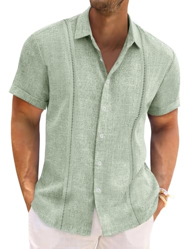 Runcati Mens Cuban Guayabera Shirts Short Sleeve Linen Casual Shirt Button Down Beach Summer Mexican Shirts