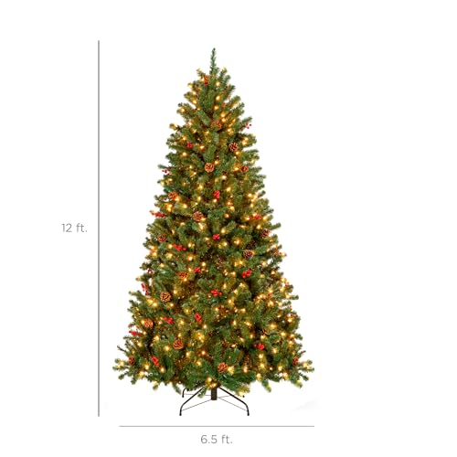 Image of Best Choice Products 12ft Pre-Lit Pre-Decorated Artificial Christmas Tree Spruce w /Twinkling LEDs Pinecones, Berries, 1,300 Lights, w / 4,188 Tips