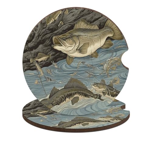 Portavasos para auto de madera con diseño pesca, 2 unidades miniatura 1
