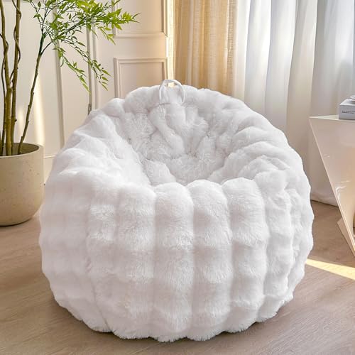 LIFEREVO Kids Fluffy Faux Rabbit Fur Bean Bag Chair Cover (No Filler), Soft Luxury Fuzzy Stuffed Animal Storage Bubble Bean Bag Home Decoration, Comfy Shaggy Furry Beanbag Cover Kids Adults, White