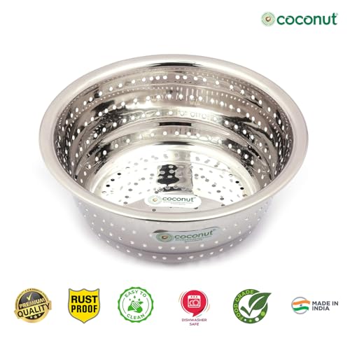 Image of Coconut Stainless Steel Colander Strainer for Kitchen - Large Rice Washer, Fruit & Vegetable Washing Bowl with Handles - Rust-Proof, Heavy-Duty Multipurpose Sieve Basket - Pack of 1 | 25 cm