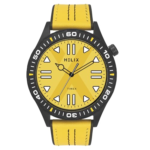 Helix by Timex Analog Watch for Man with Yellow Round Dial & Yellow Leather Strap Band Water Resistant Men's Wrist Watches - TW052HG05