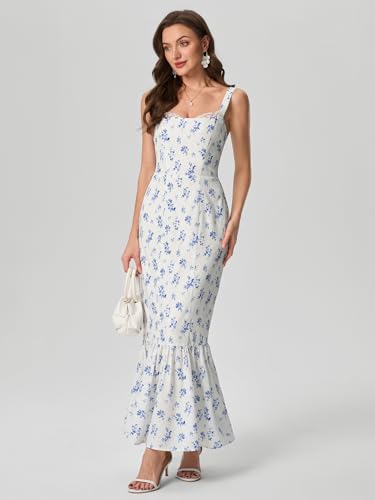 Image of HTZMO Women Casual Summer Floral Maxi Dress Square Neck Boho Wedding Guest Elegant Long Sundress