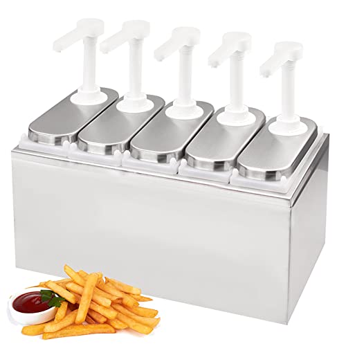 5.3Quart Sauce Pump Dispenser Condiment Pump Station Stainless Steel Condiment Pump Dispenser with 5 of 1.1Quart Jars