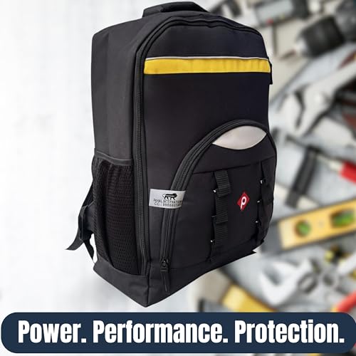 Image of PAHAL 19 Inch Heavy Duty Tool Backpack - Multipocket Fabric Tool Storage Organizer for Electrician, Technician, Service Engineer, Mechanic & Carpenter, Yellow Black-Titan Max