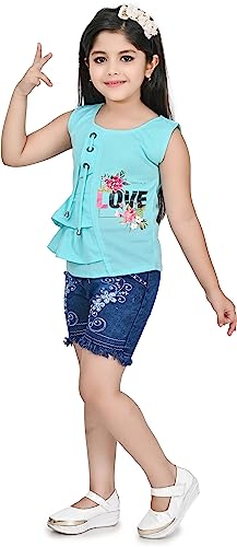 Image of Zenat Girls Polycotton Regular Fit Printed Round Neck Half Sleeve Casual Wear Top & Pant Set (Sky Blue 4-5 Years)