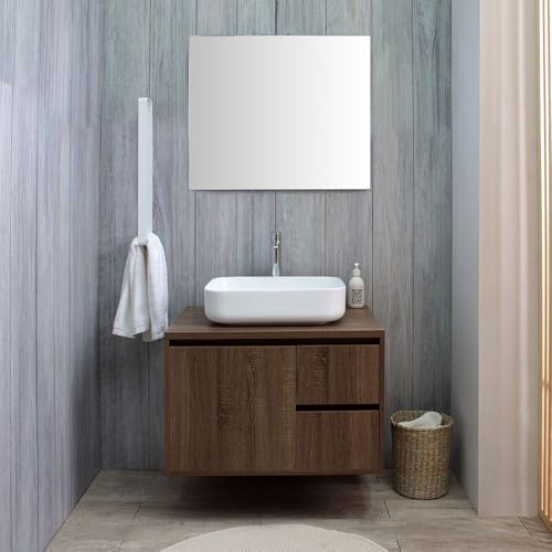 Dimensioni base: larghezza 75cm, profondità 55cm, altezza 50cm. Dimensioni lavabo: larghezza 50cm, profondità 39cm, altezza 14cm. Dimensioni specchio: 70x80cm.
