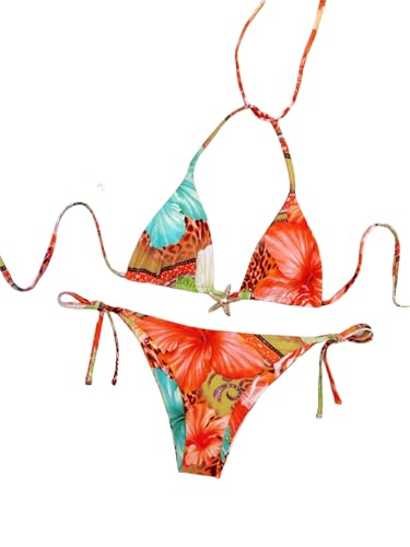 QJQ Women's 2 Piece Bikini Sets Floral Leopard Starfish Metal Triangle Bathing Suit Cheeky String Swimsuit