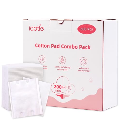 600 almohadillas cuadradas de algodón, 100% algodón puro, suaves y sin pelusas, incluye 400 almohadillas ultrafinas y 200 gruesas, desmaquillante hipoalergénico para cara, ojos y labios y cuidado