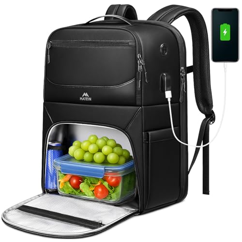 MATEIN Lunch Backpack for Men, Waterproof PU-coated Work Backpack with Lunch Compartment, Large 17 Inch Laptop Back Pack Lunchbox with USB Port, Insulated Cooler Bag for Office Picnic, Gifts for Work