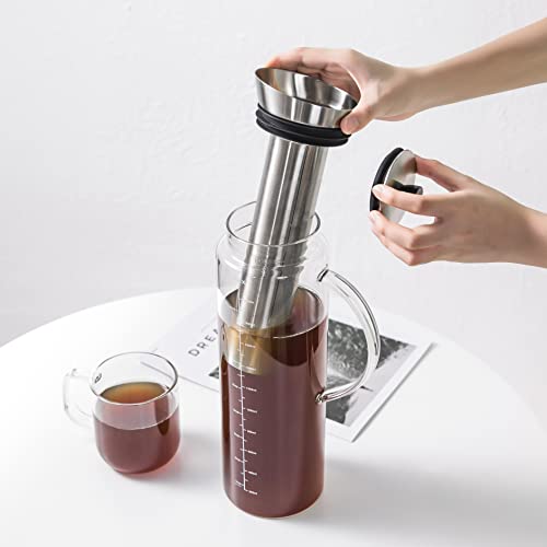 Aquach Cold Brew Coffee Iced Tea Maker & Fruit Pitcher - Large Capacity 51 Ounces - With Durable Glass Carafe/Fine Mesh Steel Infuser/Airtight Lid #TOP3