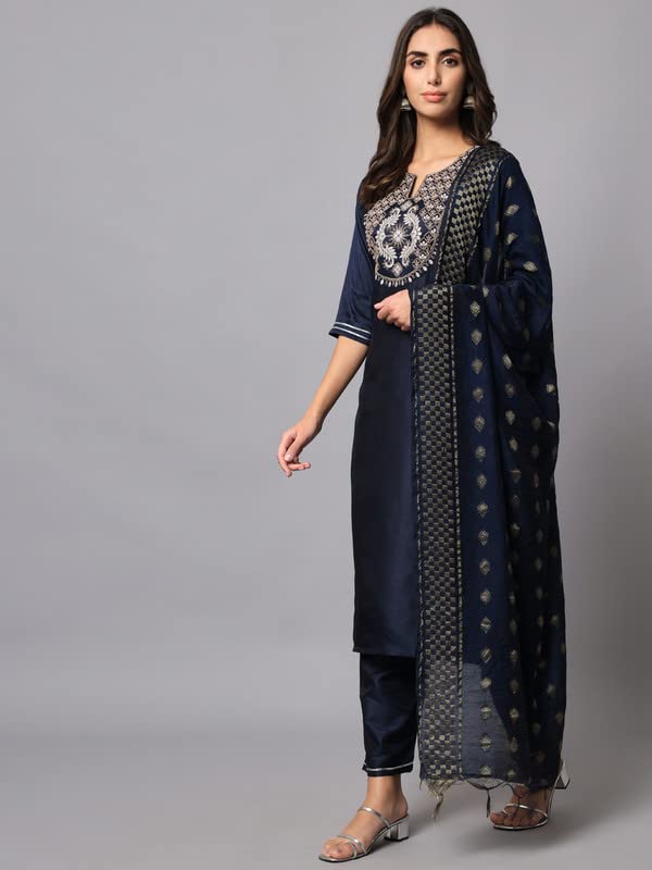 Image of VredeVogel Women's Cotton Silk Blend Embroidered Viscose Print Kurta Pant With Dupatta Set