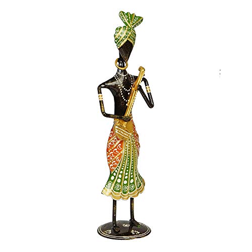 Image of eCraftIndia Tribal Iron Men's Playing Musical Instrument Dholak Decorative Showpiece, Green, Orange and Black, one Size (IRLADY513)