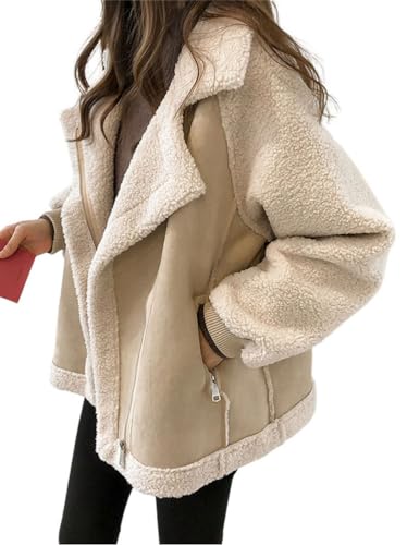 Onsoyours Cappotto in Pile Donna Invernale Caldo Giacche Cappotti di Lana Elegante Giacca con Zip Parka Cappotto Cardigan A Albicocca XXL