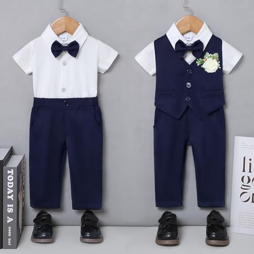 Image of SANMIO Baby Boy Clothes Suits Summer Short Sleeve Dress Shirt+Vest+Tie+Pants Infant Boy Wedding Christening Outfits Set 0-24M