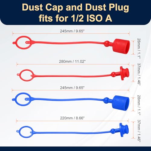 Image of HARFINGTON 2Sets 1 /2 Hydraulic Hose Dust Cap and Plug Kit, ISO-A Male Dust Cap & Female Plug Cover Quick Disconnects Air Coupler Cover Port Plug Fittings with Retention Ring, Red /Blue
