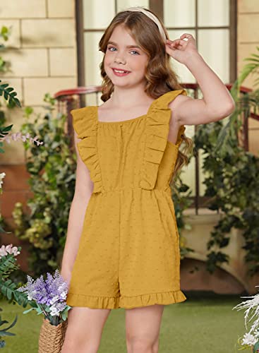 Iimmer Little Girls Ruffle Trim Yellow Summer Casual Holiday Shorts Jumpsuit Swiss Dot Trendy Suqre Neck Off Shoulder Romper With Pocket Size 9-10 Years #TOP4