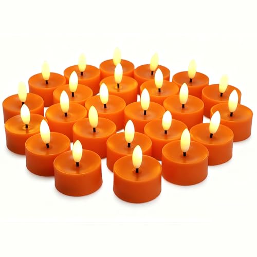 Image of CANDLE CHOICE Battery Operated Flameless Tea Lights Realistic Black Wick Bright Flickering LED Tealight Candles Wedding Table Centerpieces Halloween Christmas Decorations Batteries Incl 24 Pack Orange