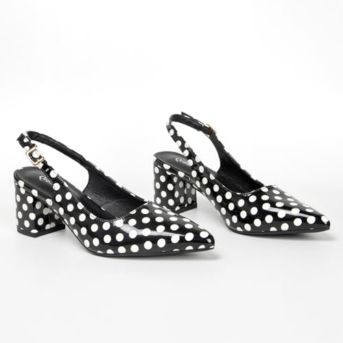 Pointy Closed Toe Patent Leather Slingback Pumps for Women Comfortable 2.3 Inch Low Block Backless Heels for Wedding Party Prom Black Dress Shoes with White Spots3