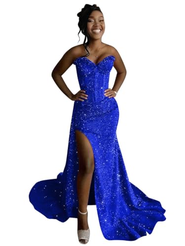 XONHS Royal Blue Sequin Prom Dresses Royal Blue 2026 Long Mermaid Formal Dress with Slit Glitter Corset Cocktail Party Gown Size 14