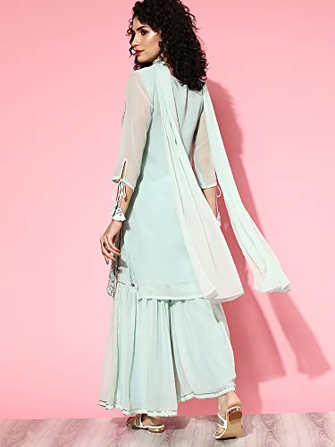 Image of INDO ERA Women's Poly Georgette Striped Embroidered A-line Kurta Sharara With Dupatta Set (22YYY4801 Blue XS To 2XL-Size)